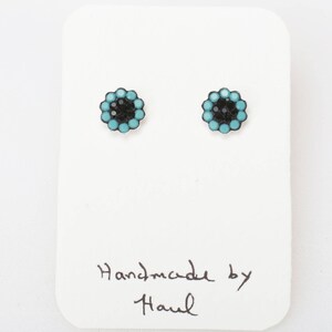 Sterling Silver Pave Radiance Stud Earrings, Swarovsky Crystals, 7mm Flower, Turquoise and JetBlack Color, Unique BlingBling Korean Style image 2
