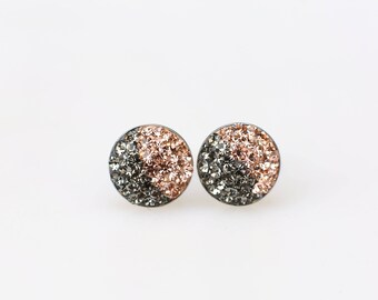 Sterling Silver Pave Radience Stud Earrings, Swarovsky Crystals, Half and Half, Blackdia and Light Peach, Unique and Chic Style