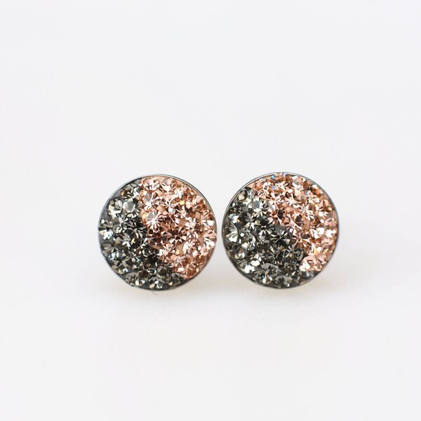 Sterling Silver Pave Radience Stud Earrings, Swarovsky Crystals, Half and Half, Blackdia and Light Peach, Unique and Chic Style