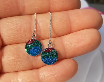 Round Radience Pave Threader Earrings, Sterling Silver, Swarovsky Crystals, Peacock pattern, Adjustable Length of Dangle Earrings