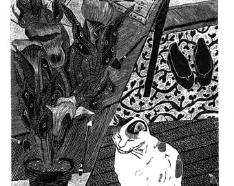 Pushkin's Cat: original print limited edition wood engraving - signed and hand printed - Fine Art Print