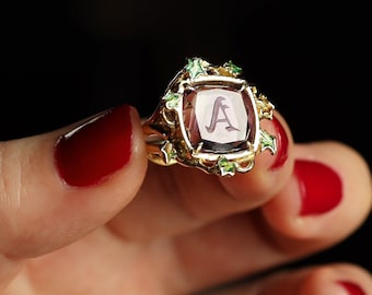 Letter A Signet Ring with Amethyst Intaglio
