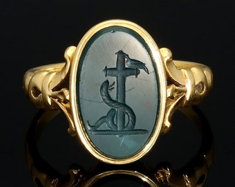 Antieke Victoriaanse 18k Gold Intaglio Signet Seal Ring met geloofssymbool: Cross Dove en Snake, Unisex Valentines Love Token Gift