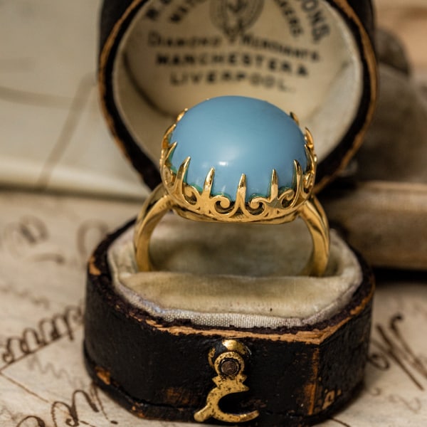 Artisan Gold Turquoise Cabochon Ring, Large Unisex Solid 10k Gold Ring