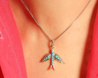 Sparrow Bird Charm, Turquoise Pendant, Swallow Pendant, Silver Animal Jewelry, Blue Bird Pendant