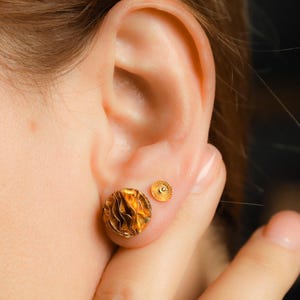 18k SOLID GOLD Dome Earrings: Hammered Button Studs
