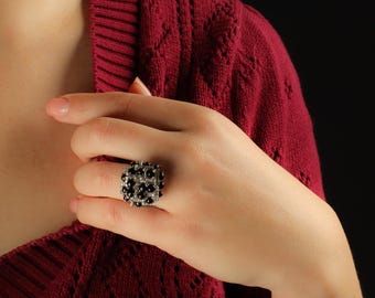 Retro Onyx Ring - Vintage Cocktail Diamond Ring in Solid 14k White Gold -  Diamond Dome Ring - 1960s Jewelry
