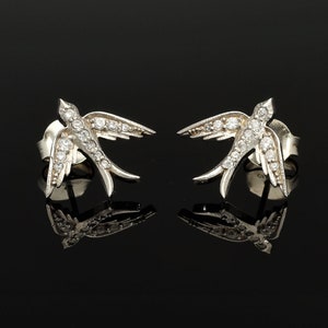 Solid 18k Sparrow Earrings, Salt and Pepper Diamond Bird Studs, Hummindbird Earrings