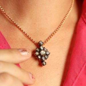 Diamond Brooch, Antique Jewelry, Silver Flower Brooch, Rose Cut Diamond Pendant, Vintage Collar Pin, Cloak Brooch