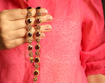Collar vintage de granate: cadena de flores de oro macizo de 14k.