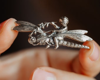 Unisex Whimsical Vintage Sterling Silver Dragonfly Brooch, Symbolic Love Token Animal Jewelry, Cherub Flower Pin