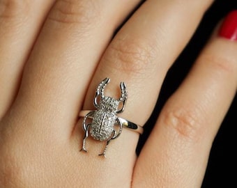 Diamond Scarab Ring: Sterling Silver Insect Amulet