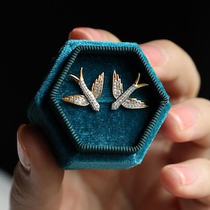 18k Victorian Earrings, Diamond Sparrow Earrings, Gold Hummindbird Earrings, Swallow Studs, Animal Fine Jewelry
