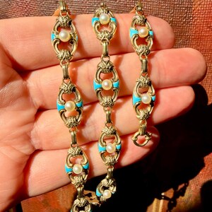 Antique Gold Chain Necklace, Turquoise Enamel Bracelet, IMPORTANT Victorian Jewelry, 32g