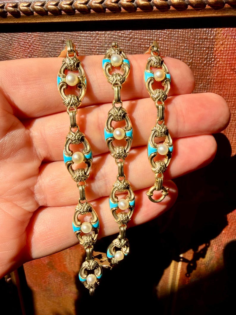 Antique Gold Chain Necklace, Turquoise Enamel Bracelet, IMPORTANT Victorian Jewelry, 32g