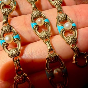 Antique Gold Chain Necklace, Turquoise Enamel Bracelet, IMPORTANT Victorian Jewelry, 32g