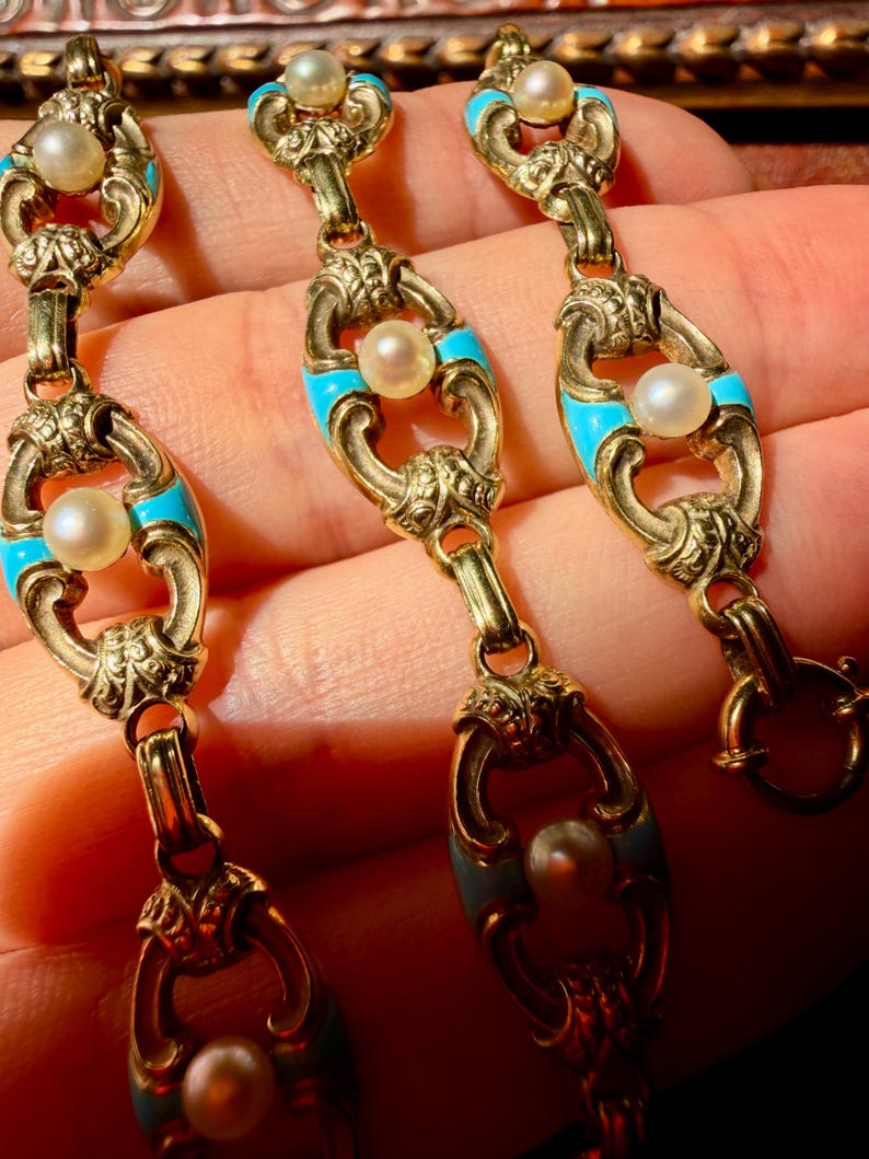 Antique Gold Chain Necklace, Turquoise Enamel Bracelet, IMPORTANT Victorian Jewelry, 32g