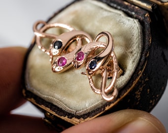 Gold Double Snake Earrings with Ruby and Sapphire, Animal Jewelry