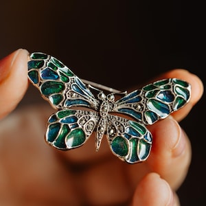 Plique A Jour Brooch, Silver Enamel Butterfly Brooch, Insect Jewelry, Blue Green Winged Butterfly