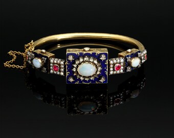 Antique 19th Century BLUE ENAMEL Opal Ruby Bracelet, French Solid 18k Gold Diamond Cuff, 1860 Collectors Gem Pearl Jewelry, Heavy Over 36g