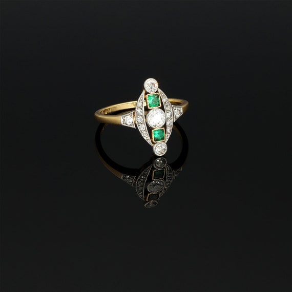 Platinum Antique Edwardian Emerald and Diamond Ri… - image 1