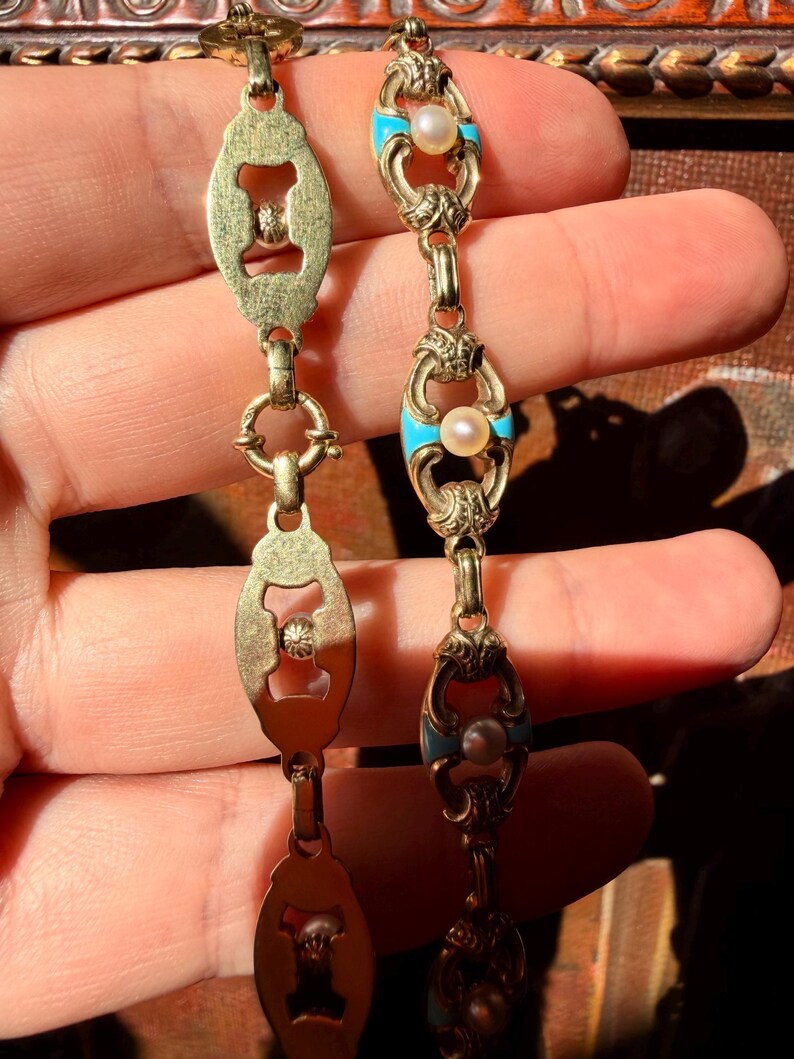 Antique Gold Chain Necklace, Turquoise Enamel Bracelet, IMPORTANT Victorian Jewelry, 32g