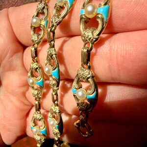 Antique Gold Chain Necklace, Turquoise Enamel Bracelet, IMPORTANT Victorian Jewelry, 32g