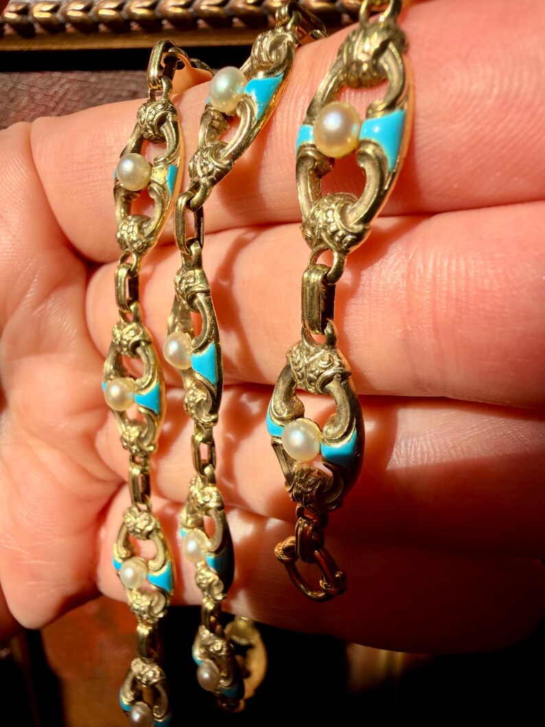 Antique Gold Chain Necklace, Turquoise Enamel Bracelet, IMPORTANT Victorian Jewelry, 32g