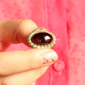 Victorian Snake Brooch, Antique Garnet Locket, Gold Pearl Pin, Foiled Garnet Cabochon, Antique English Animal Jewelry
