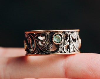 Vintage ambachtelijke emerald ring, vintage brede rose gouden band, vintage handgemaakte emerald ring, vierde verjaardag emerald ring