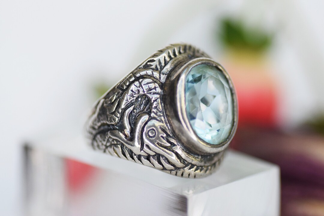 Large Silver Topaz Ring Vintage Silver Dragon Ring Etsy