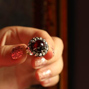 Vintage 14k Garnet Cocktail Ring: Diamond Flower, January Birthstone Jewelry