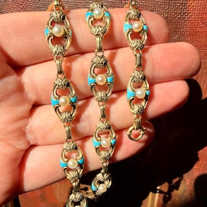 Antique Gold Chain Necklace, Turquoise Enamel Bracelet, IMPORTANT Victorian Jewelry, 32g