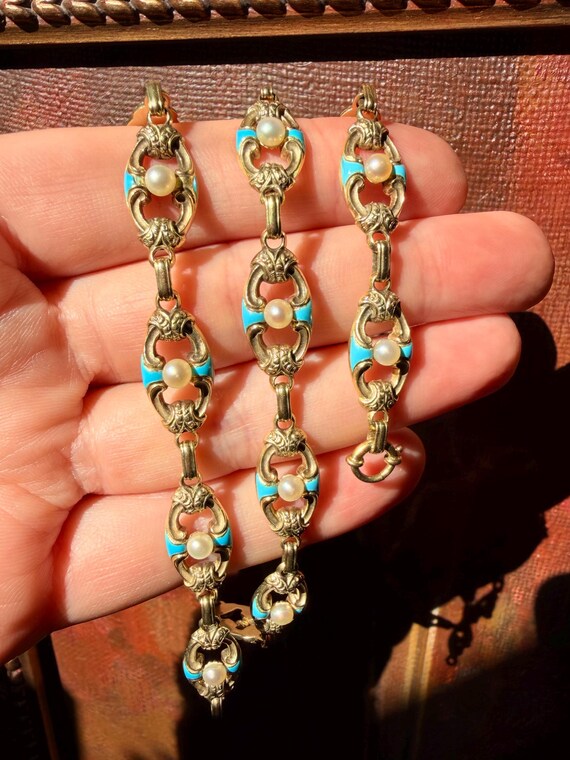 Antique Gold Chain Necklace, Turquoise Enamel Bracelet, IMPORTANT Victorian Jewelry, 32g