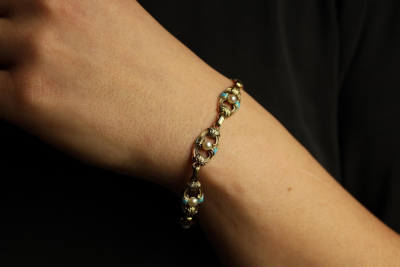 Antique Gold Chain Necklace, Turquoise Enamel Bracelet, IMPORTANT Victorian Jewelry, 32g
