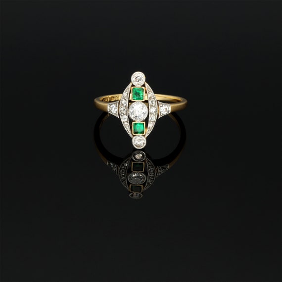 Platinum Antique Edwardian Emerald and Diamond Ri… - image 2