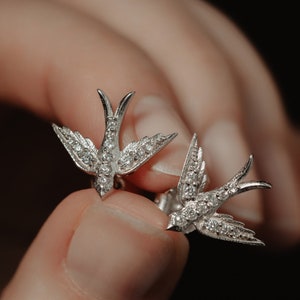Artisan Solid 14k Swallow Flying Birds Stud Earrings, Natural Salt and Pepper Diamond Posts