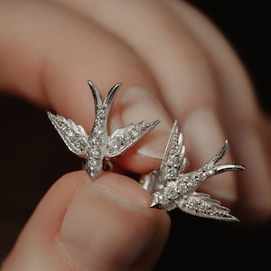 Orecchini a forma di colibrì in oro 18 carati, orecchini a forma di uccello sale e pepe con diamanti, orecchini a forma di passero, gioielli con animali, stile vintage