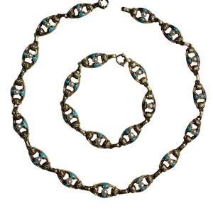 Antique Gold Chain Necklace, Turquoise Enamel Bracelet, IMPORTANT Victorian Jewelry, 32g