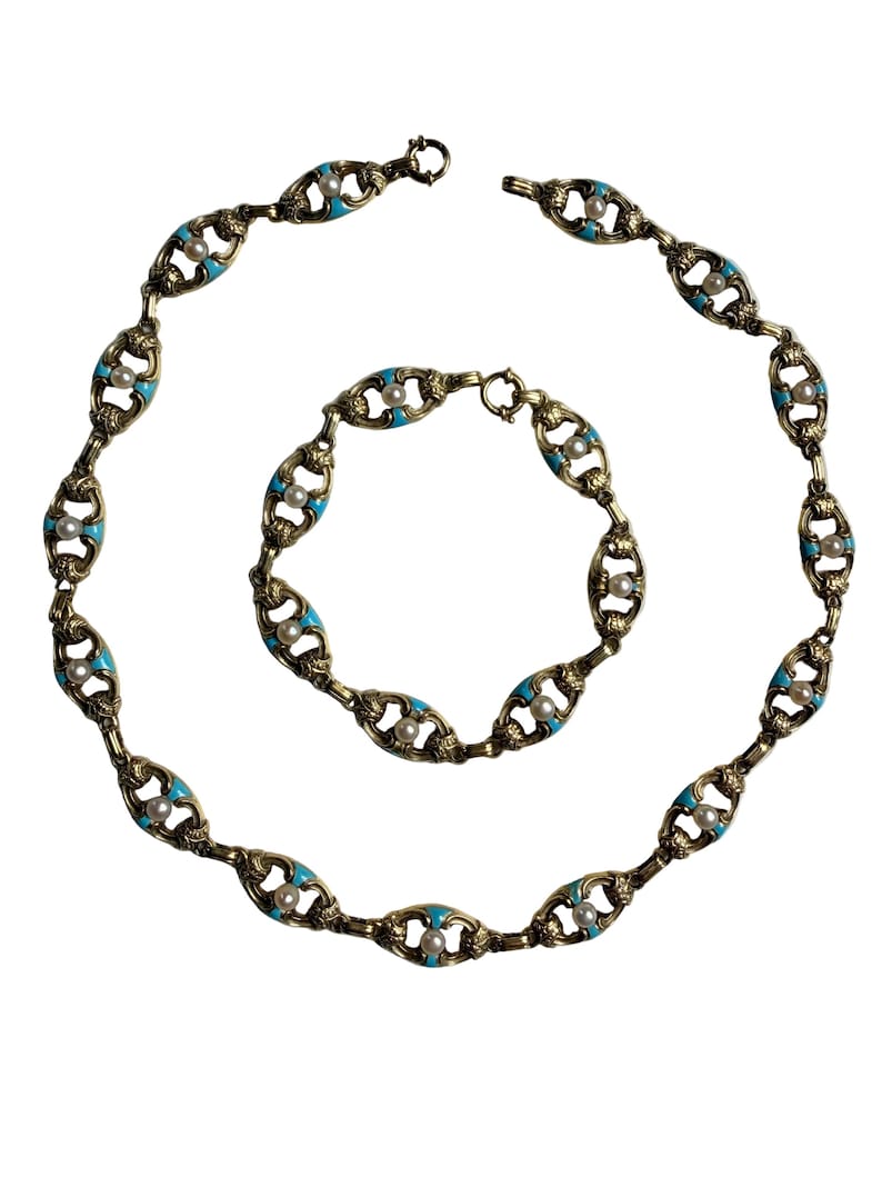 Antique Gold Chain Necklace, Turquoise Enamel Bracelet, IMPORTANT Victorian Jewelry, 32g