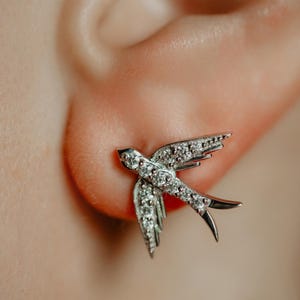 Vintage Bird Earrings, Hummingbird Earrings, Sparrow Earrings, Artisan Jewelry Findings, Pave Diamond Swallow Posts