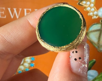 Anillo vintage de ágata verde: Joyería de crisoprasa en oro macizo de 18k