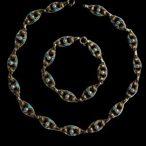 Antique Gold Chain Necklace, Turquoise Enamel Bracelet, IMPORTANT Victorian Jewelry, 32g
