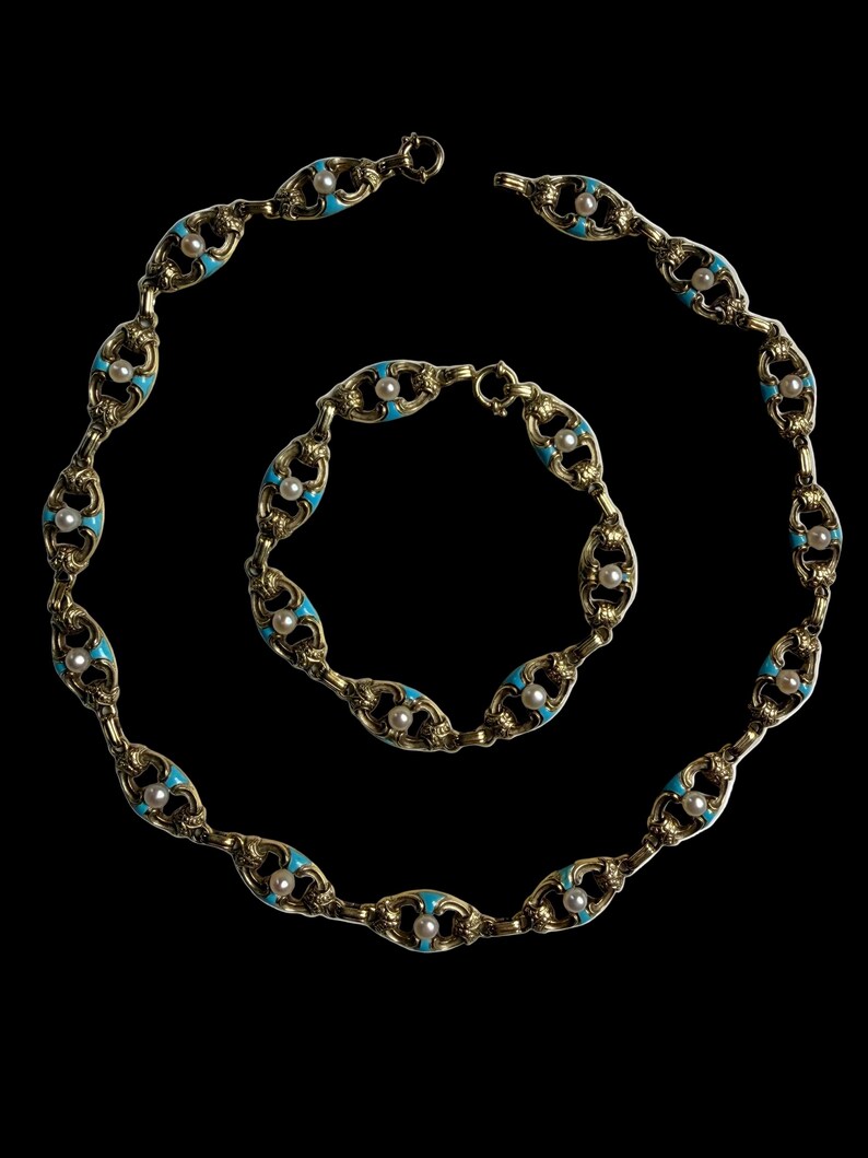 Antique Gold Chain Necklace, Turquoise Enamel Bracelet, IMPORTANT Victorian Jewelry, 32g