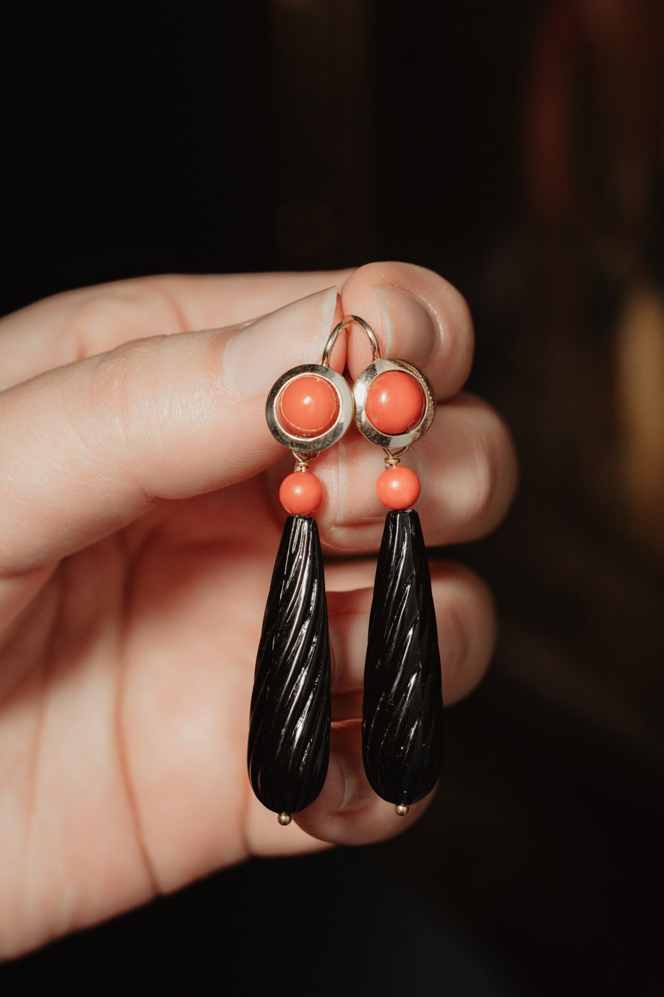 18ct White Gold and Diamond, Antique Coral and Black Jade Earrings. - Lind  Jewellery Design