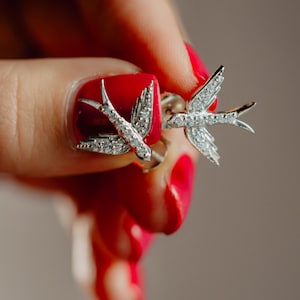 Gray Diamond Hummindbird Earrings, Swallow Studs, Handmade Sparrow Earrings