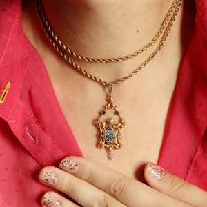 Antique French Diamond Pendant 18k, Enamel Pendant with Sapphires, Baroque Style French Jewelry, Brushed Gold Pendant
