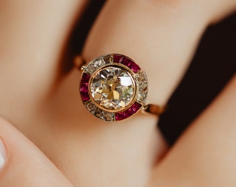 HUGE Antique Art Deco 2.6 Carat Target Diamond Ruby Halo Ring, Vintage Solid 18k Gold Alternative Engagement Anniversary Ring, 1940 Jewelry