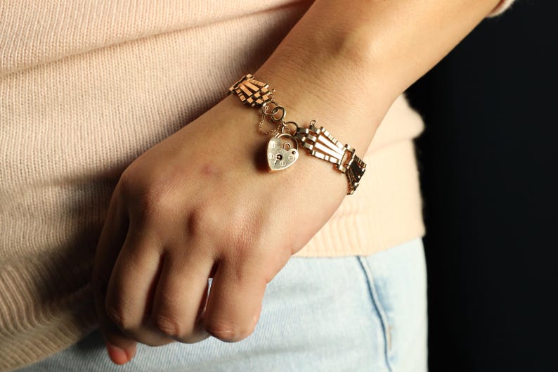 Padlock Bracelet: Vintage Fancy Link Chain Bracelet with Heart Padlock