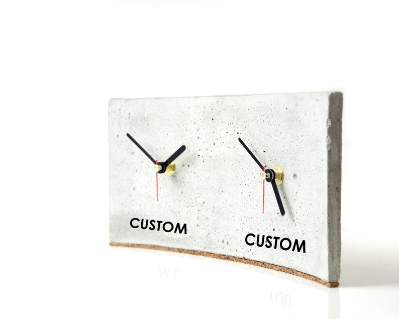 Concrete Clock Dual Time Zone Personalised Custom Text Unique Table Desk Home Office Handmade